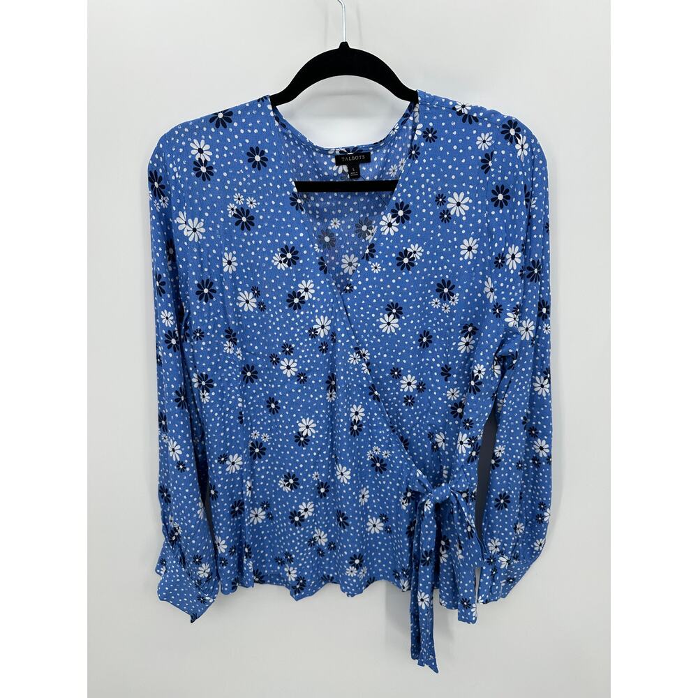 Talbots Poet Sleeve Wrap Front Top Women Large Flowers and Dots Viscose NWOT